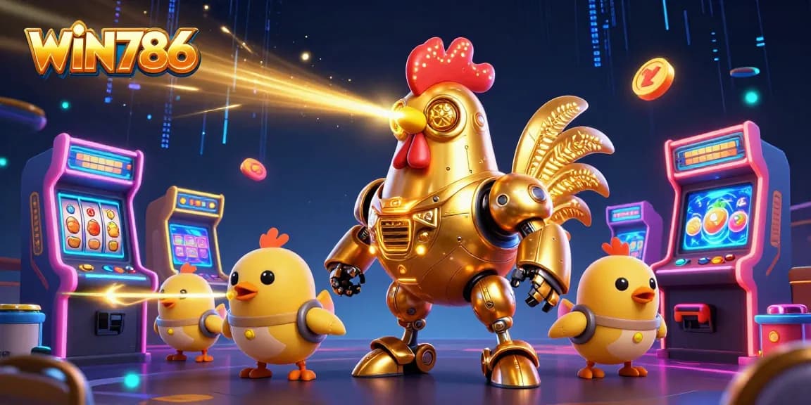 WIN786's golden rooster robot and chick drones engage in epic gaming with colorful casino elements.