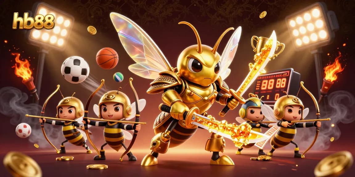 Bet big with hb88, showcasing a dynamic 3D scene of golden hornet warriors engaged in thrilling sports betting.