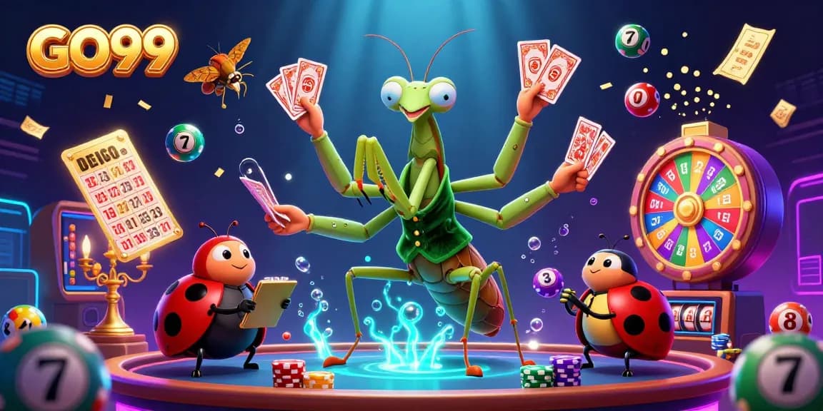 Experience the excitement of GO99 with a dynamic 3D scene featuring a giant mantis card sharp and vibrant gambling elements!