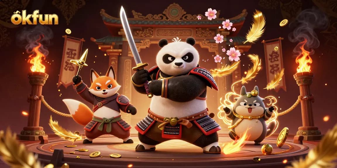 Experience thrilling fun at okfun with cartoon samurai and ninja characters in a vibrant casino backdrop.