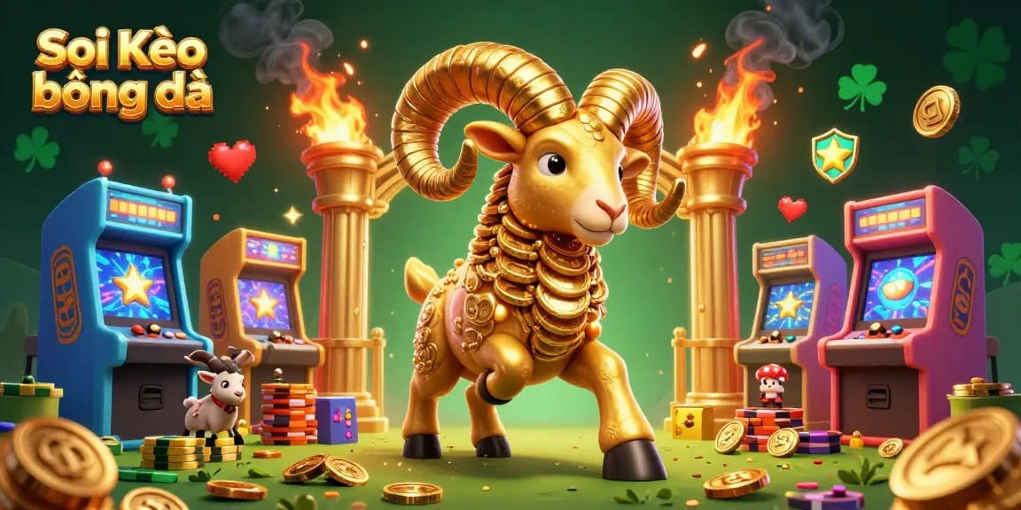 Soi Kèo bóng đá showcases dynamic sports betting action with a golden ram charging, surrounded by colorful arcade elements.