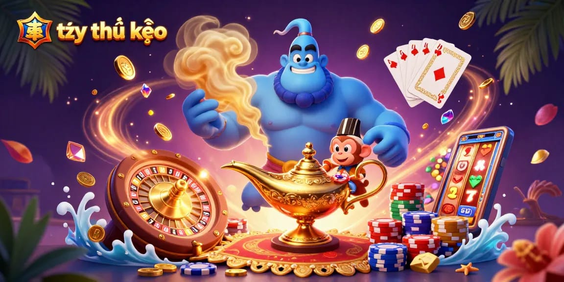 Engage with tỷ lệ kèo in an ultra-detailed casino scene showcasing a genie, monkey, and poker chips.