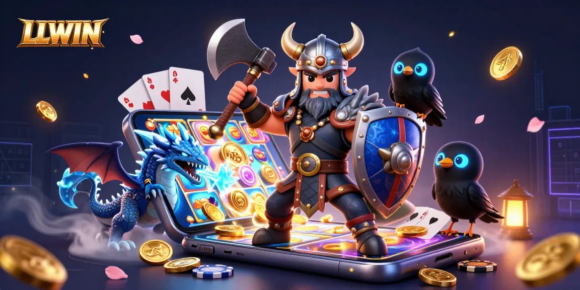 Engage in thrilling games at LLWIN, featuring a Viking wolf, dragon, and casino elements.