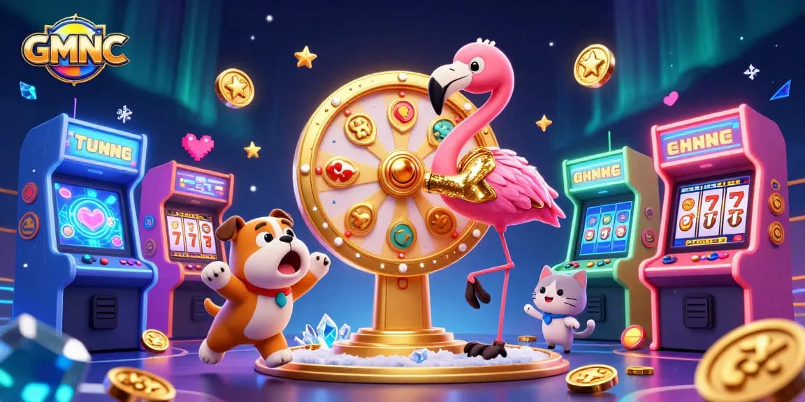 Spin the GMNC prize wheel with exciting characters in an animated casino scene.