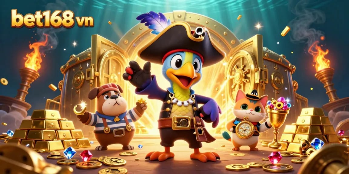 Experience thrilling gameplay with bet168 vn as pirate characters explore riches in a vibrant casino scene.