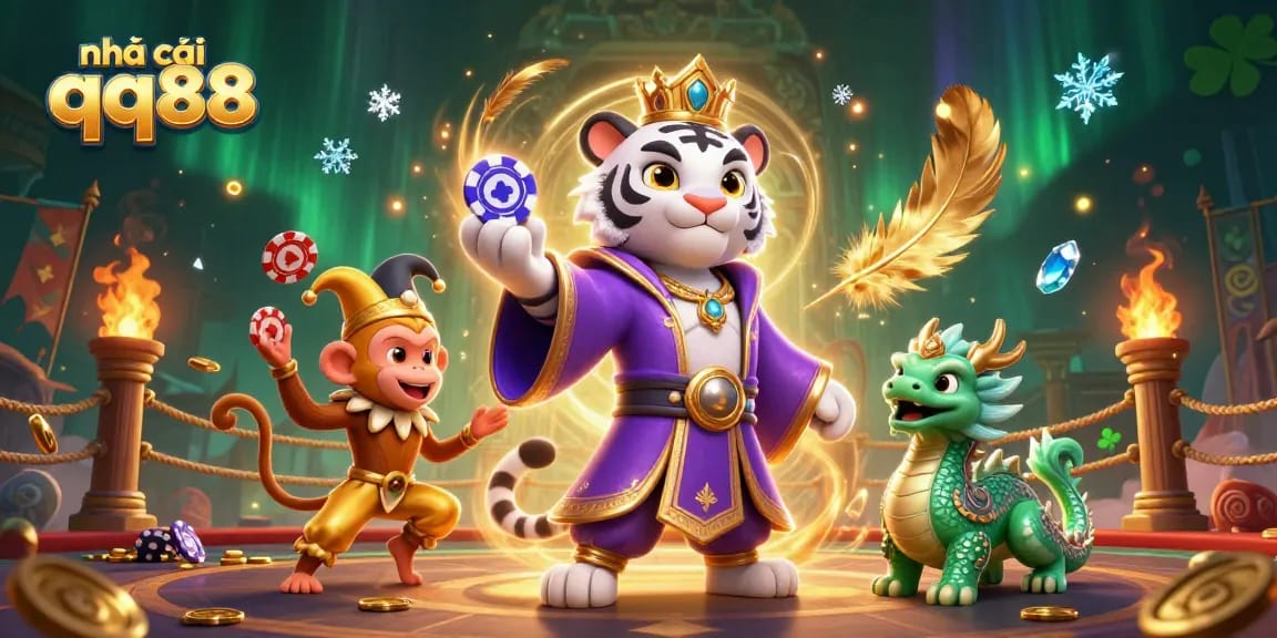 Experience the thrill of nhà cái qq88 with vibrant gaming characters and elements in a dynamic casino scene.