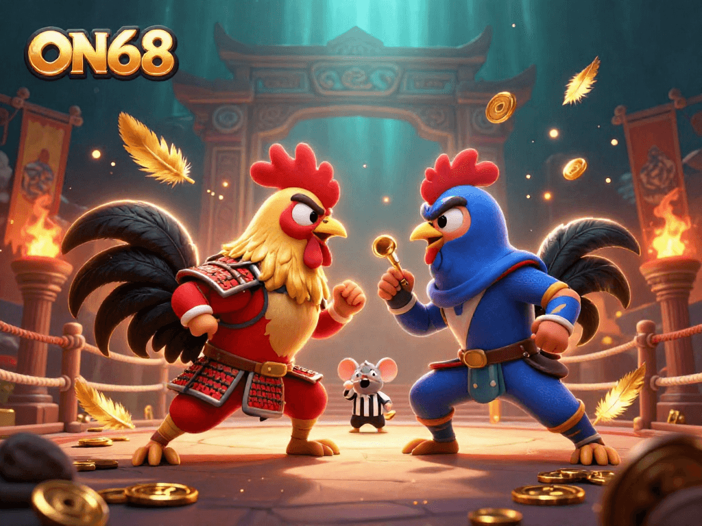Roosters clash in an energetic ON68 casino battle featuring gold coins and dynamic feathers in play.