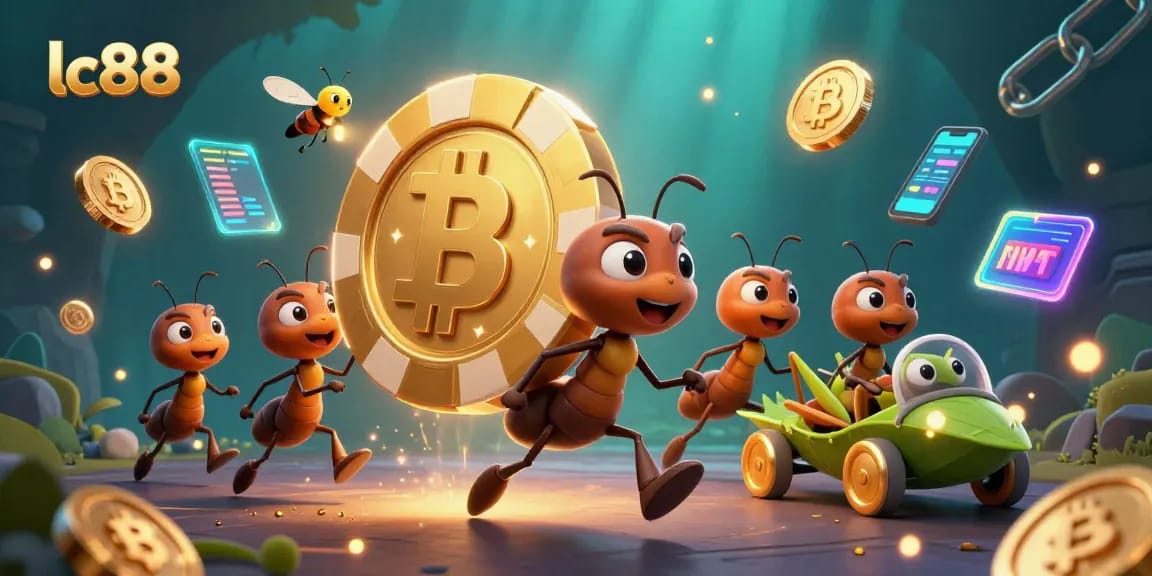 Experience the exciting heist of lc88 with ants carrying a giant poker chip amidst glowing cryptocurrencies.