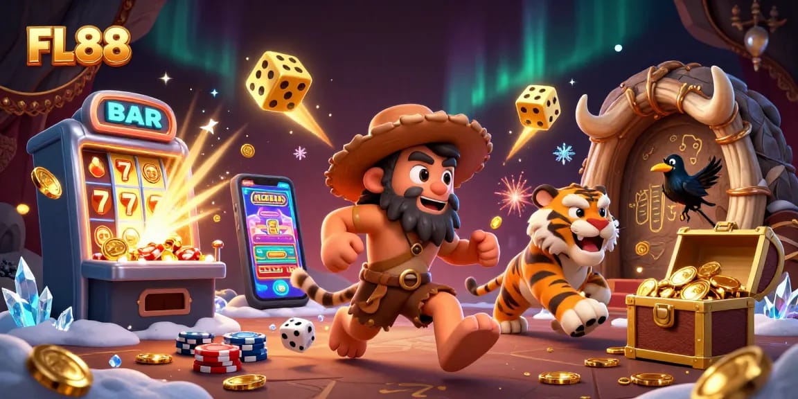FL88 presents an engaging scene of a prehistoric casino with vibrant characters and dynamic elements.