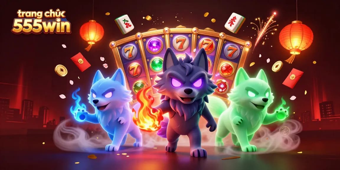 The vibrant scene showcases the dynamic world of trang chủ 555win with captivating slot reels and floating lucky 7s.