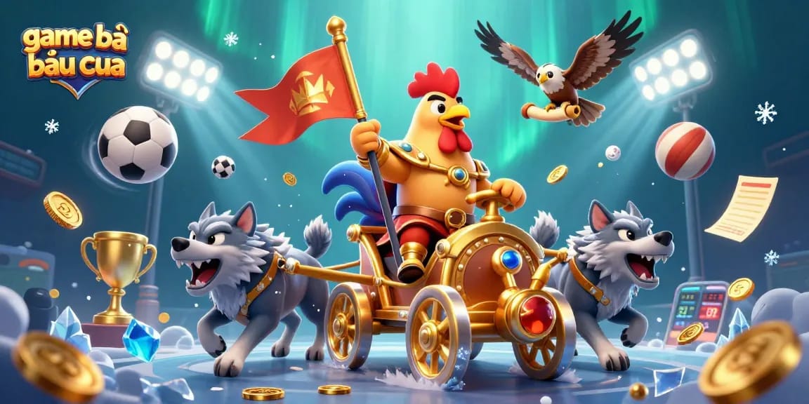 Engage with game bài bầu cua featuring a dynamic rooster warlord scene packed with vibrant sports elements.