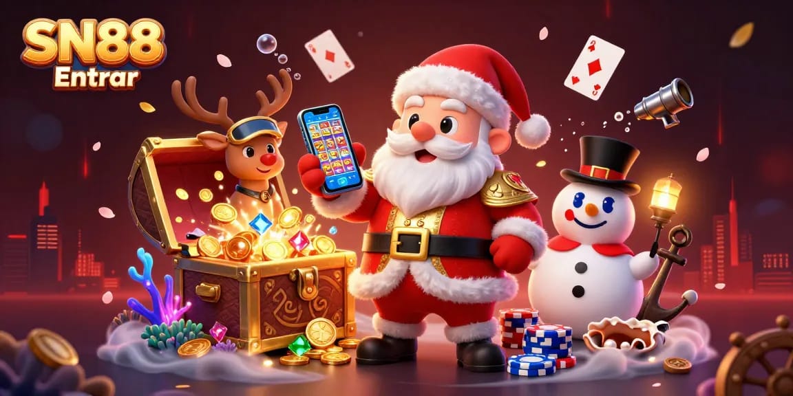 Win big with SN88 Entrar as Santa Claus shows off jackpot slots in a vibrant casino scene.