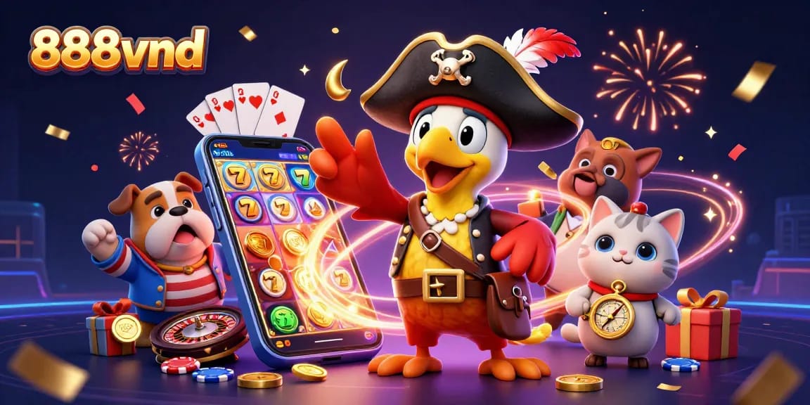 Engage with 888vnd's thrilling slot games as a pirate crew celebrates with rich rewards.