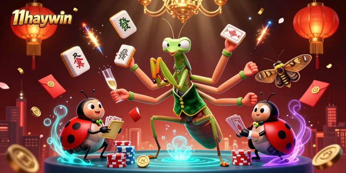 Experience thrilling gameplay at 11haywin as the giant mantis deals cards, showcasing an exciting casino scene.