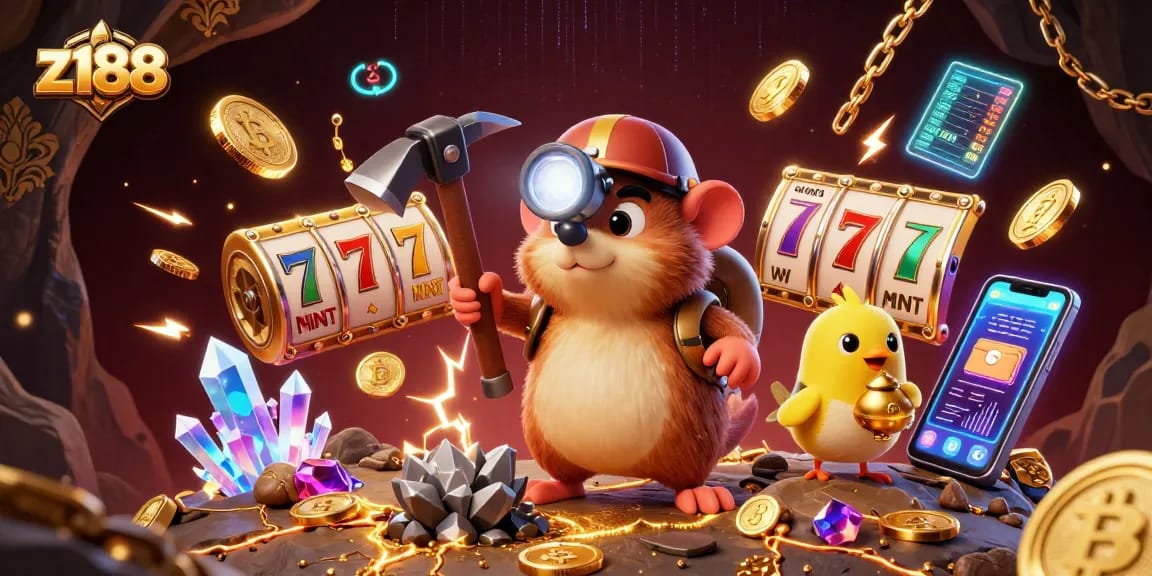 Z188 players spin giant slot reels, mining treasures in a vibrant casino cave scene.