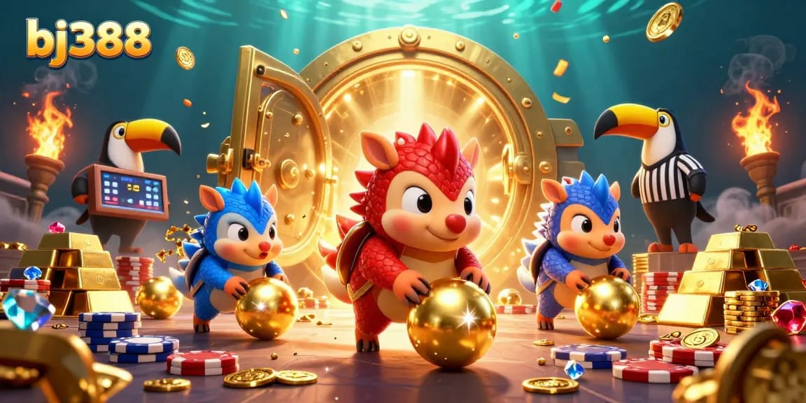 Experience exciting gambling with bj388 as pangolins roll golden balls and poker chips in a vibrant casino scene.