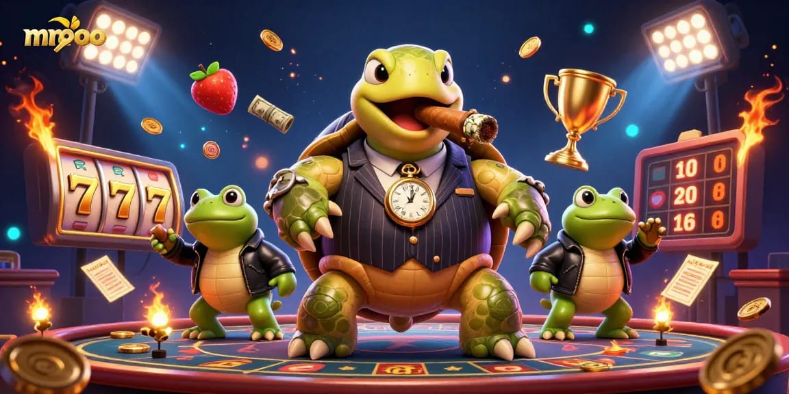 Experience thrilling gameplay at mmoo with a whimsical cartoon turtle and bullfrogs amidst casino excitement.