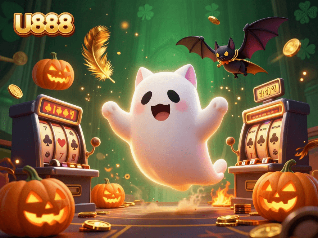 Engage with U888 in a thrilling ghostly casino world filled with dynamic slot machines and glowing jack-o-lanterns.