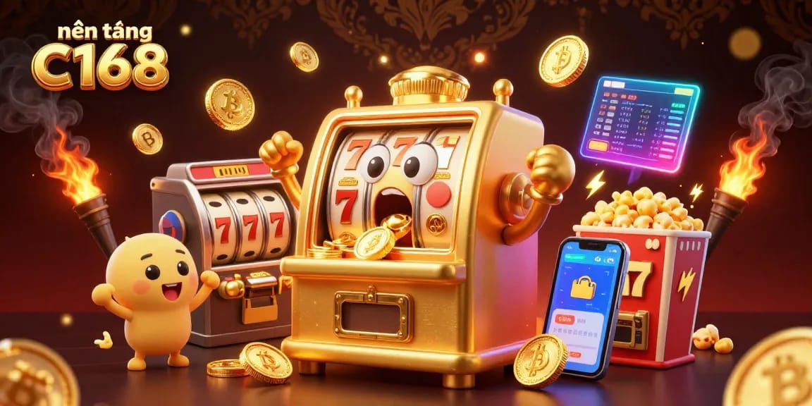 Engage in thrilling jackpots with nền tảng C168 featuring a vibrant scene of slot machines and animated characters.