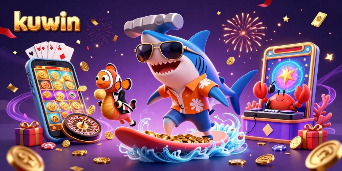 Kuwin brings excitement as a hammer-head shark surfs gold coins amidst a vibrant casino scene.