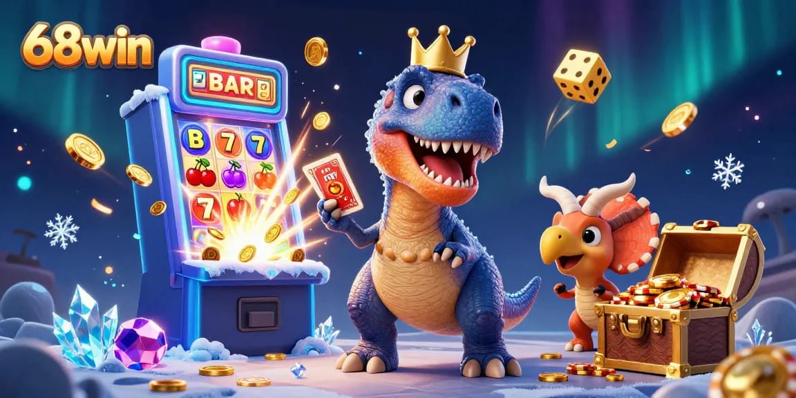 Experience thrilling excitement at 68win with cartoon dino characters and vibrant casino elements.