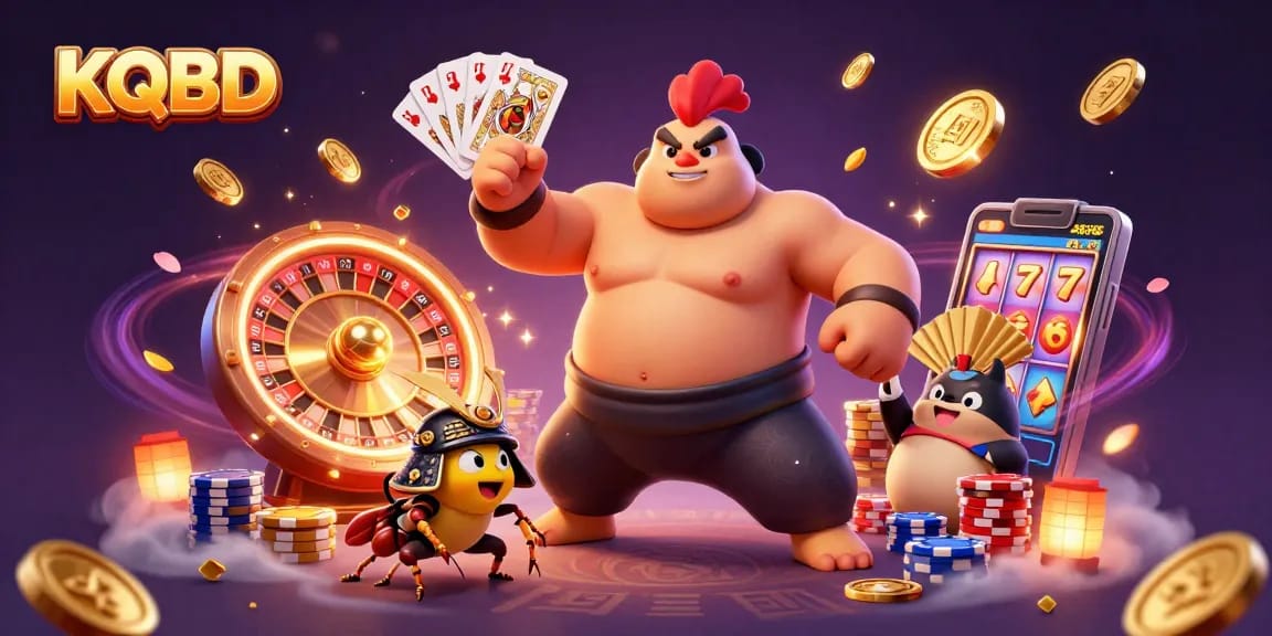 Experience thrilling KQBD action as a sumo rooster and samurai cricket battle amidst shining casino elements.