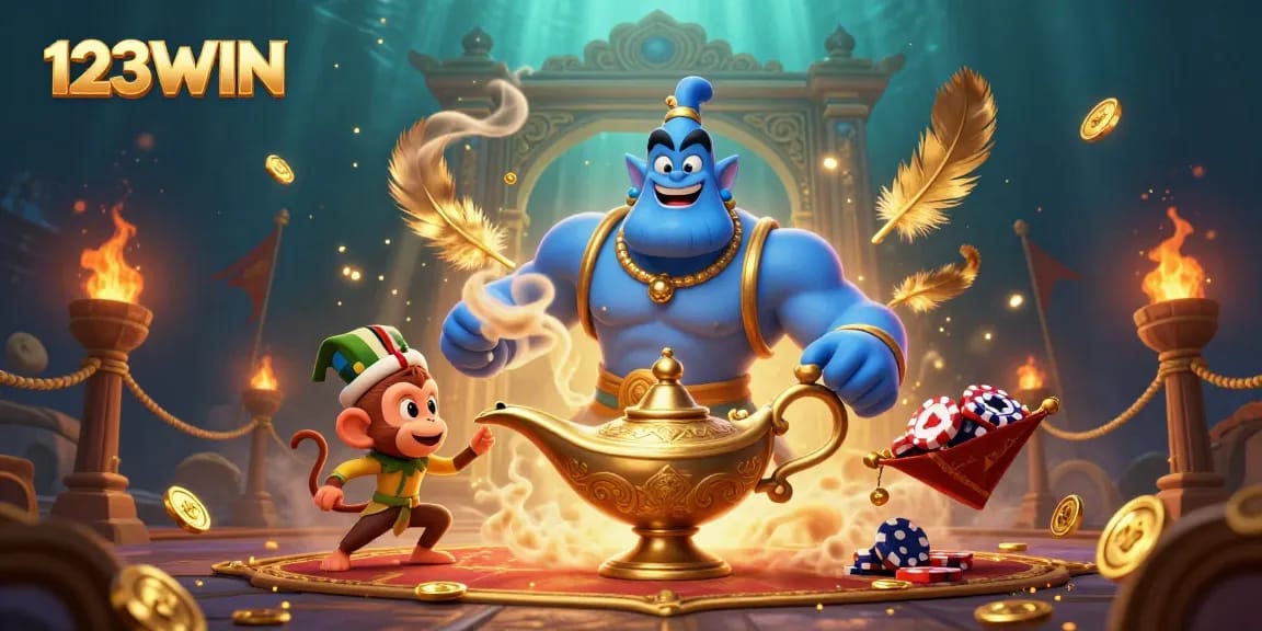 Experience the vibrant magic of 123WIN with this engaging casino illustration featuring a genie and poker chips.