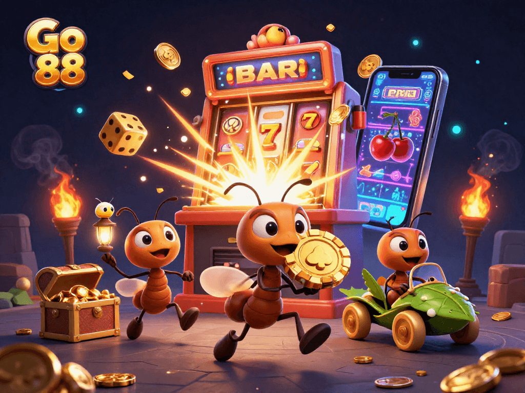 Go 88 team of ants executing a thrilling heist with golden poker chips amid vibrant casino elements.