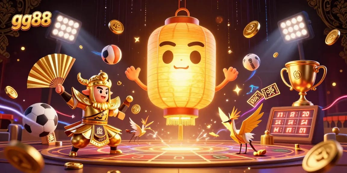 Engage with the exciting GG88 gaming experience as golden lantern spirits and sports elements illuminate the virtual casino.
