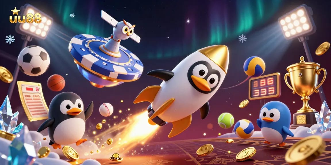 uu88 offers thrilling space adventure with a golden penguin and casino excitement.