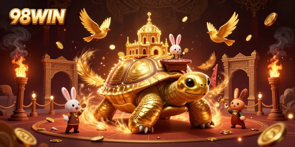 Experience exciting casino games at 98WIN’s vibrant scene with a magical tortoise and dealer.