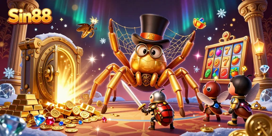 Experience the thrill of gaming at Sin88, with dynamic scenes of casino life showcasing a golden tarantula and beetle knight.