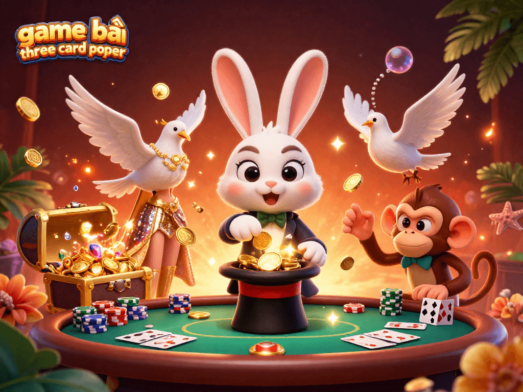 Engage in thrilling game bài three card poker as dynamic characters showcase vibrant casino elements.