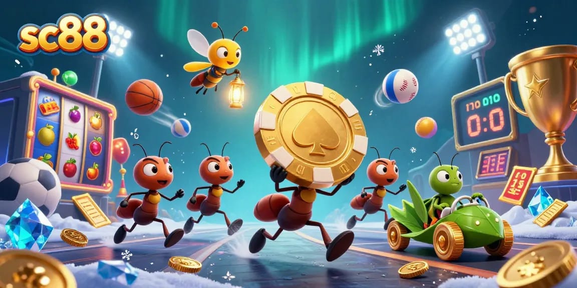 sc88's animated heist scene showcasing ants with a giant poker chip amid vibrant casino elements.