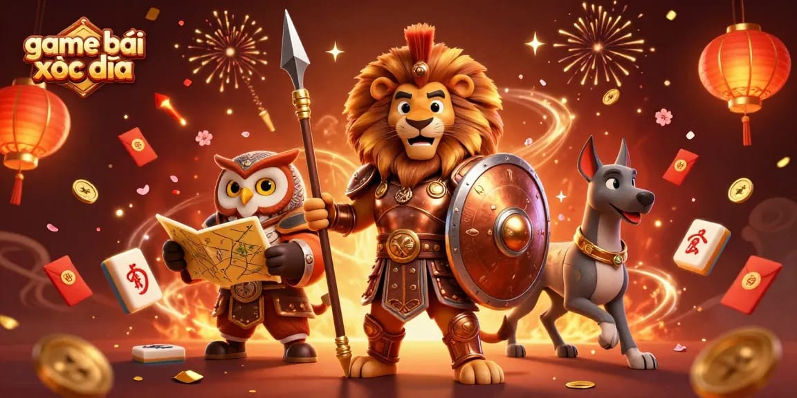 Experience game bài xóc đĩa through vibrant 3D characters and festive elements in this dynamic illustration