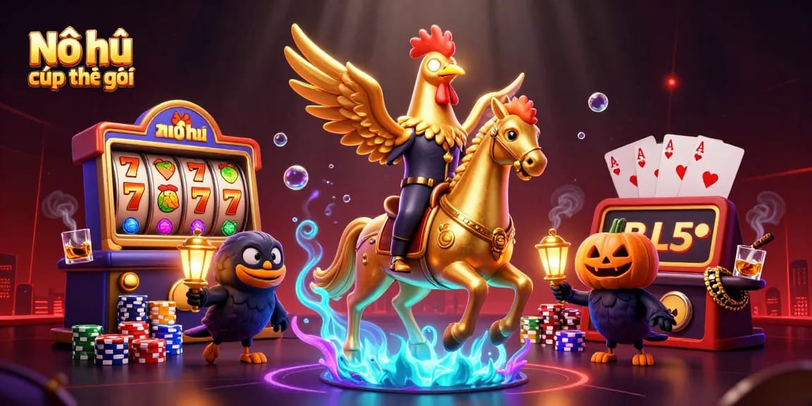 Nổ hũ cúp thế giới showcases a golden rooster riding through a dynamic midnight casino filled with jackpots and vibrant symbols.