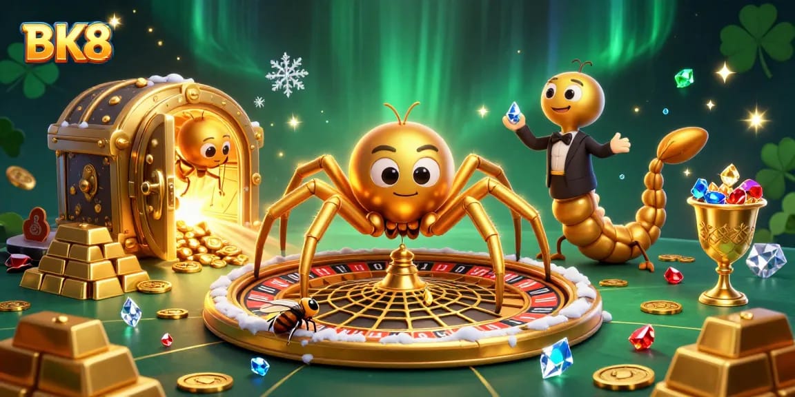 Spinning the roulette wheel with BK8 features a golden spider and croupier in an exciting casino scene.