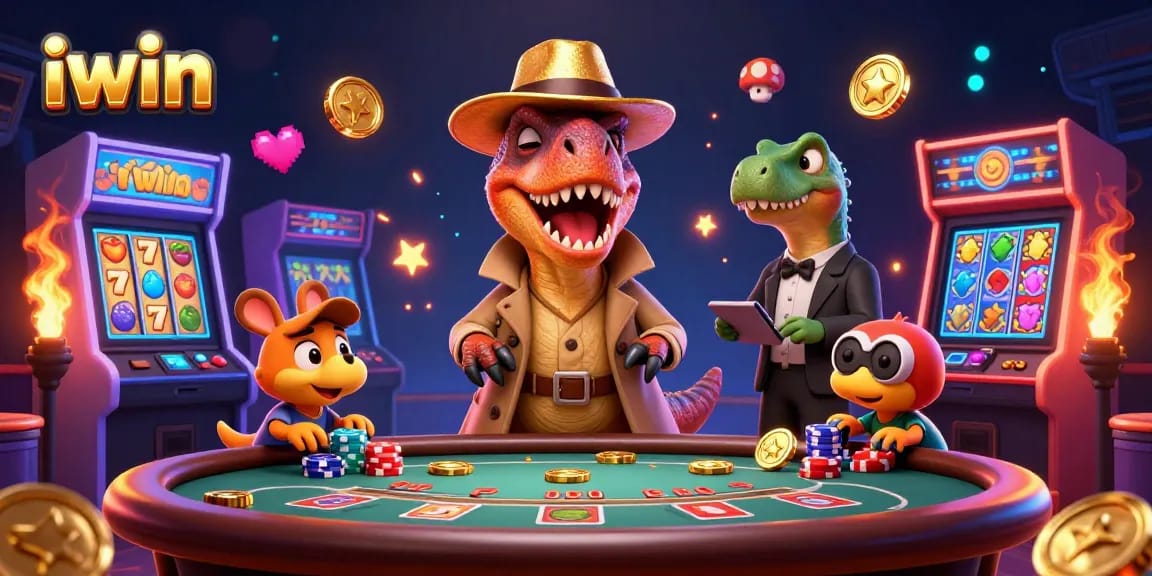 iwin gaming illustration of a velociraptor card counter trying to be discreet at a lively casino environment.