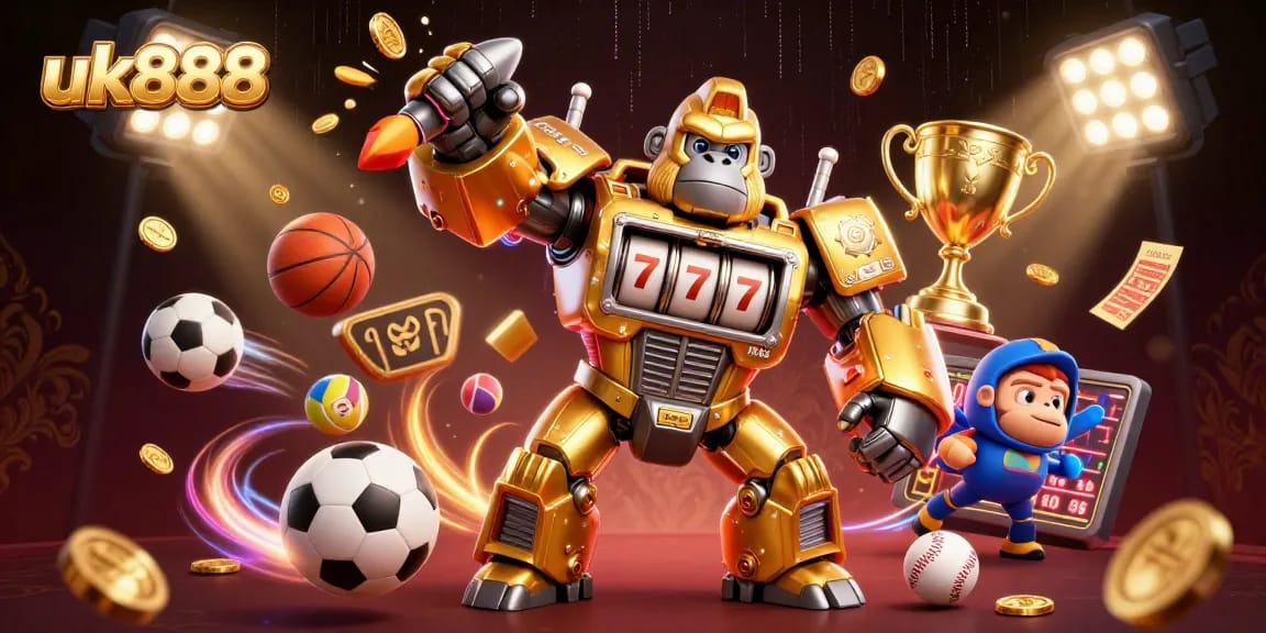 Experience thrilling bets with the golden gorilla mech at uk888, featuring dynamic sports balls and winning symbols.