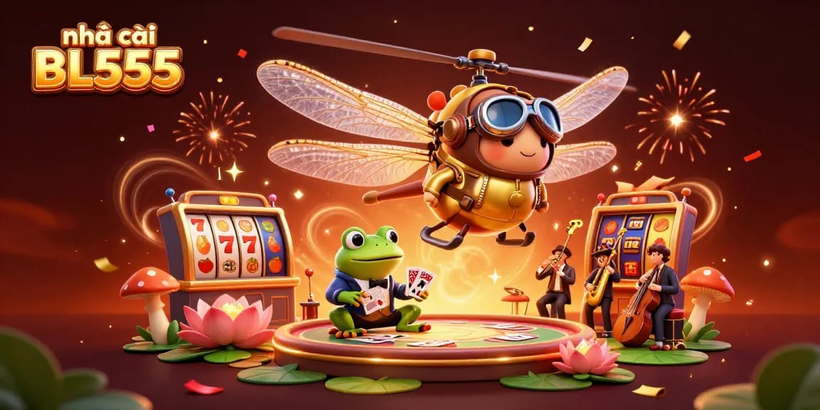 Experience thrilling action at nhà cái BL555 with vibrant casino scene showcasing dynamic slot games and lively characters.