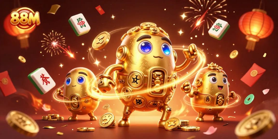 Engage with 88M's thrilling online gaming experience featuring a golden golem, slot symbols, and festive decorations.