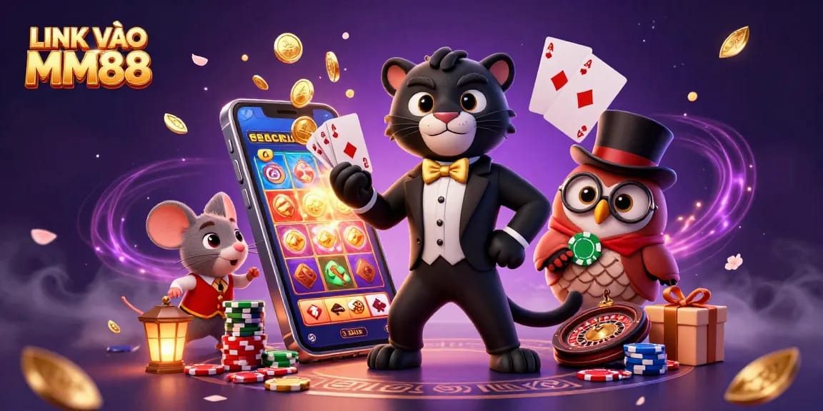 Engage with the LINK VÀO MM88 for immersive casino fun featuring vibrant characters, poker chips, and spinning slots.