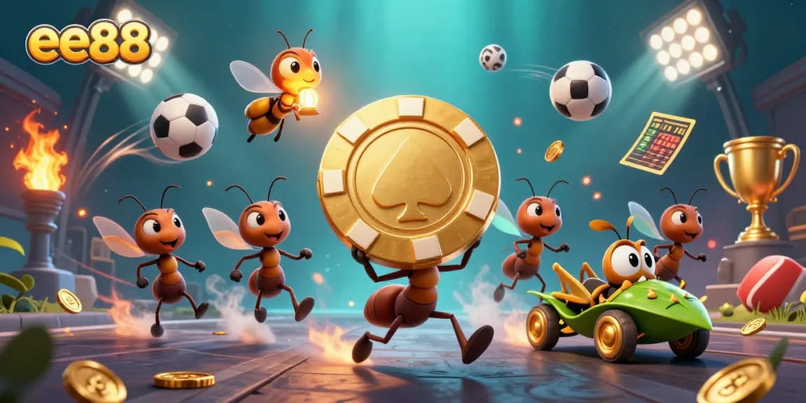 Engaging scene of ee88's cartoon ants heist with a poker chip, surrounded by sport elements.