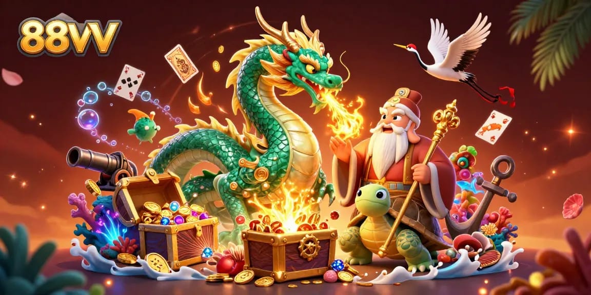 Engage with 88VV's vibrant online gambling world featuring a jade dragon, turtle sage, and lucky cranes.