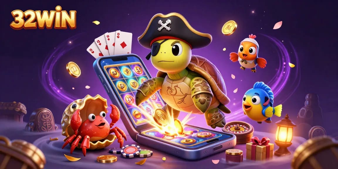 Experience the excitement of 32WIN with colorful games and treasure elements in this vibrant 3D illustration.