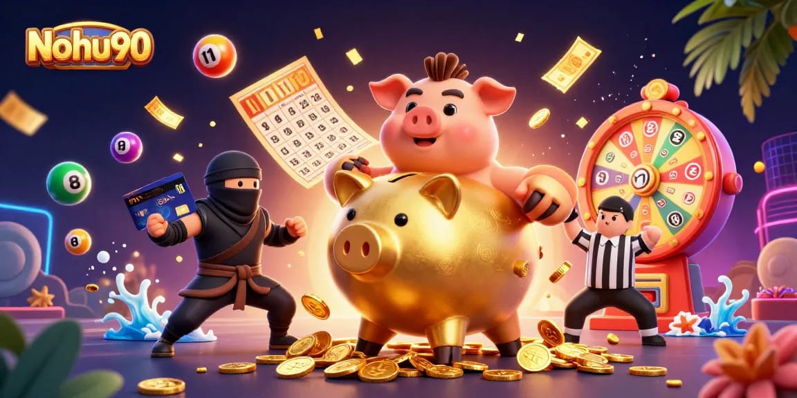 Nohu90 showcases a dynamic 3D scene with a golden piggy bank and colorful lottery elements.