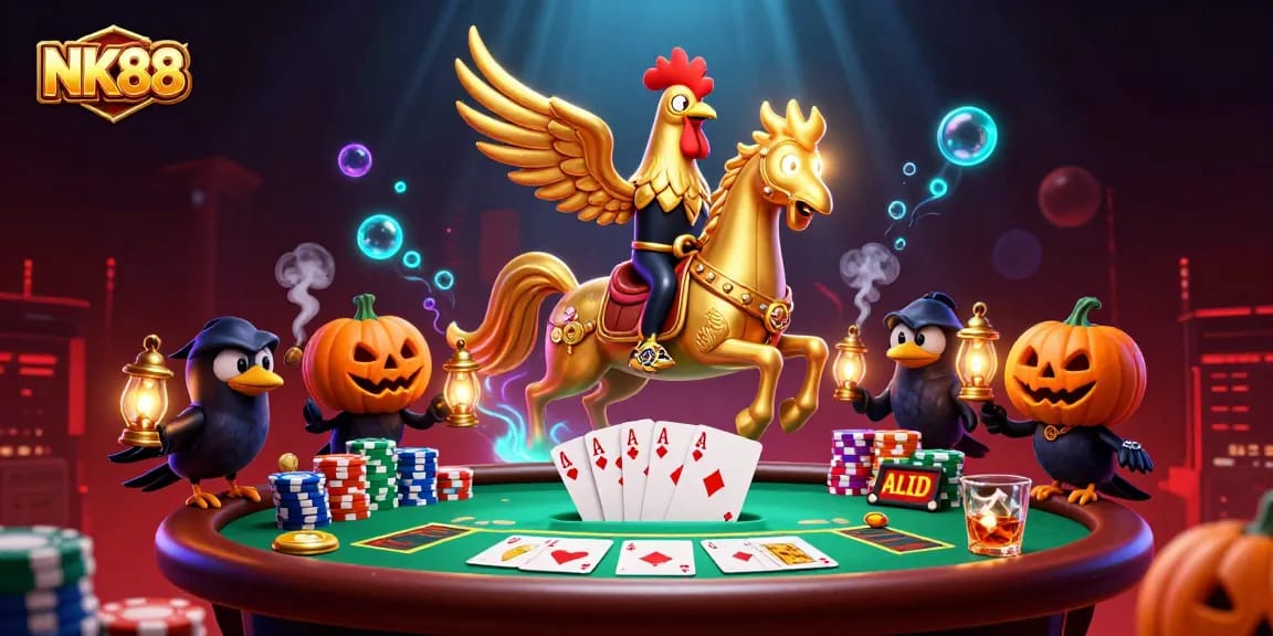 Experience the thrilling wins at NK88 with a dazzling midnight casino scene featuring a golden rooster and poker elements.