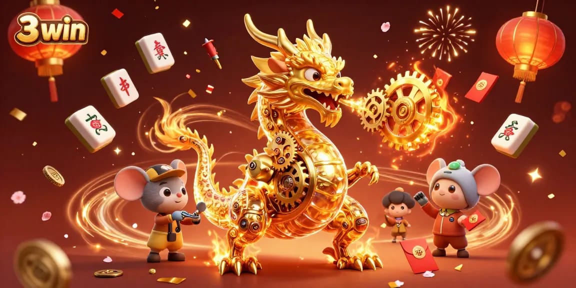 Engage in thrilling gambling fun with the enchanting 3 win golden dragon breathing cogs in a celebration scene.