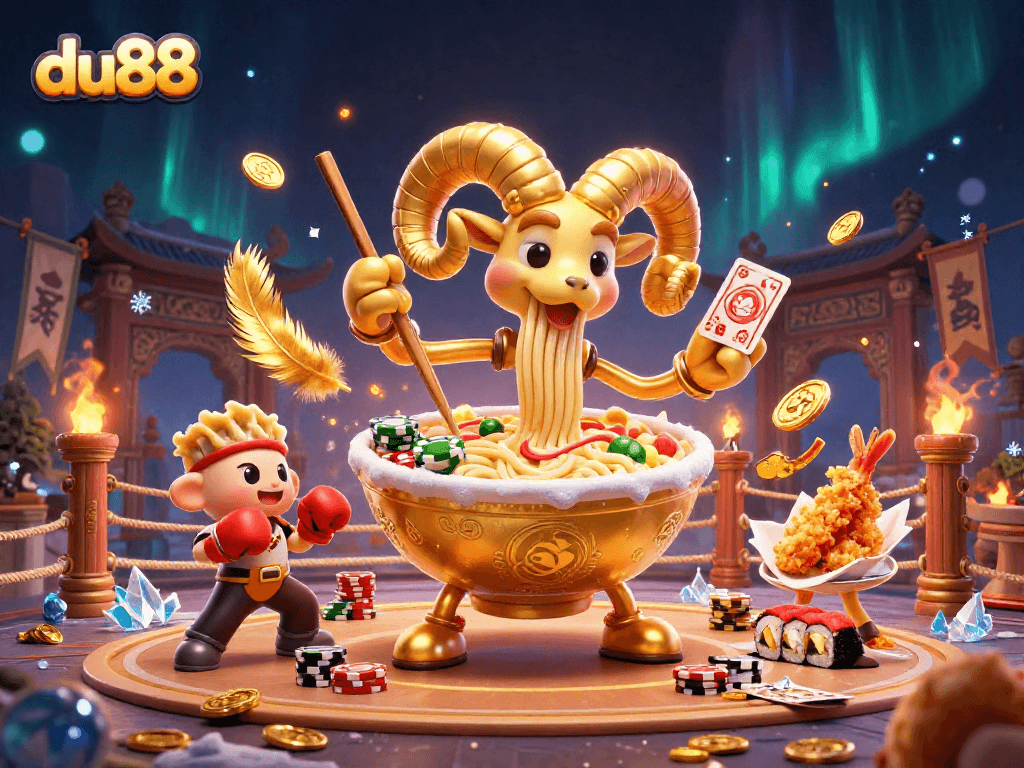 du88 showcases an engaging casino scene with a golden ramen bowl dealer and dynamic gambling elements.