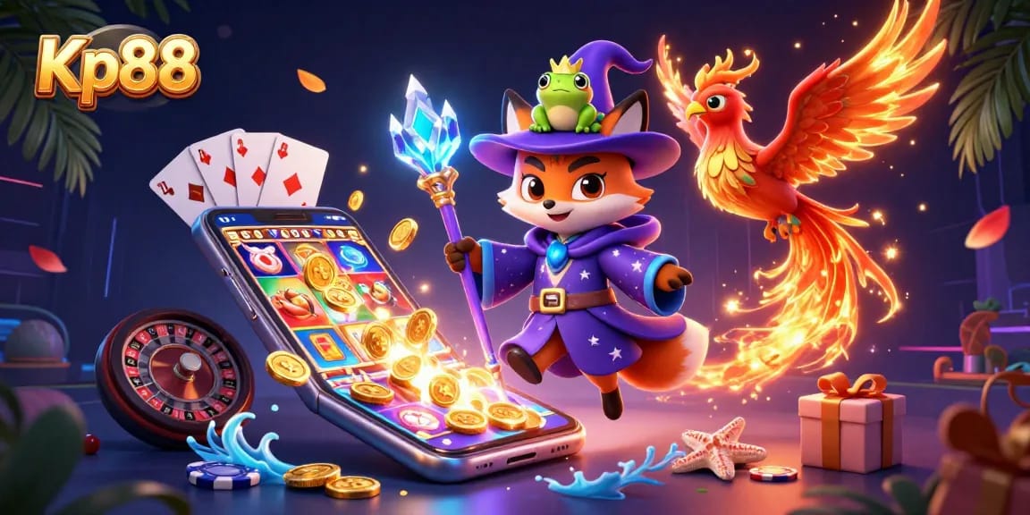 Kp88 offers thrilling casino visuals with a wizard fox and phoenix winning big in vibrant 3D.